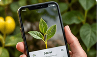 A hand holding a phone up to a plant, photographing its leaves so they can be identified.