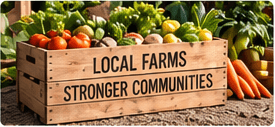 A wooden crate of mixed vegetables — tomatoes, peppers, carrots and greens — stencilled "Local farms, stronger communities".